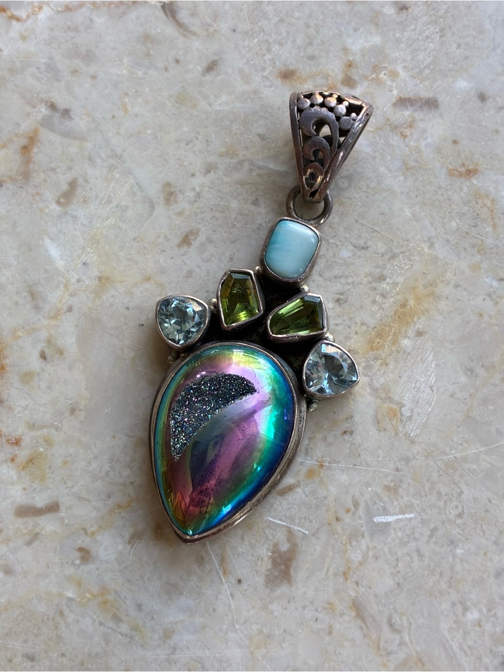Sterling Silver Crystal Druzy Matrix Larimar And Stones Pendant 925